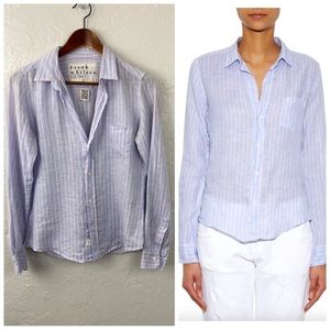 Frank & Eileen Barry button down Linen blouse, pale blue & pink pin-stripe Small